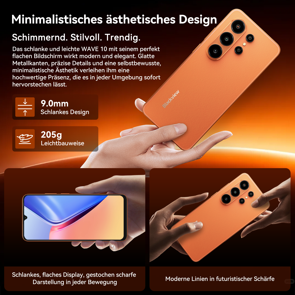 Orange Smartphone mit drei Kameras, gehalten von Händen. Display und Details.