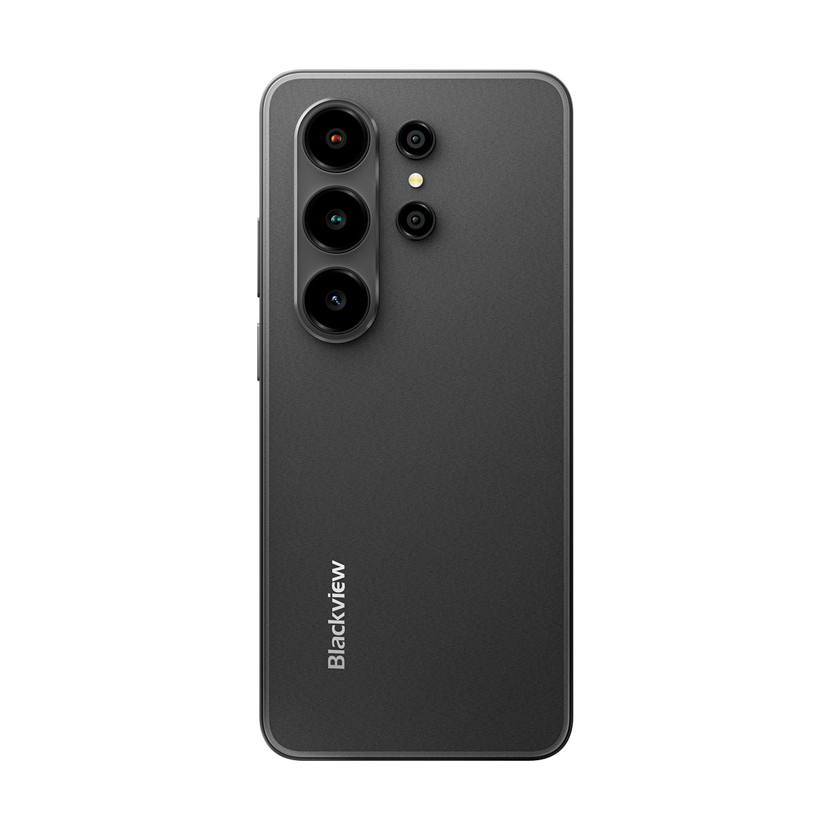 Rückseite eines schwarzen Smartphones mit drei Kameras und Blitz.