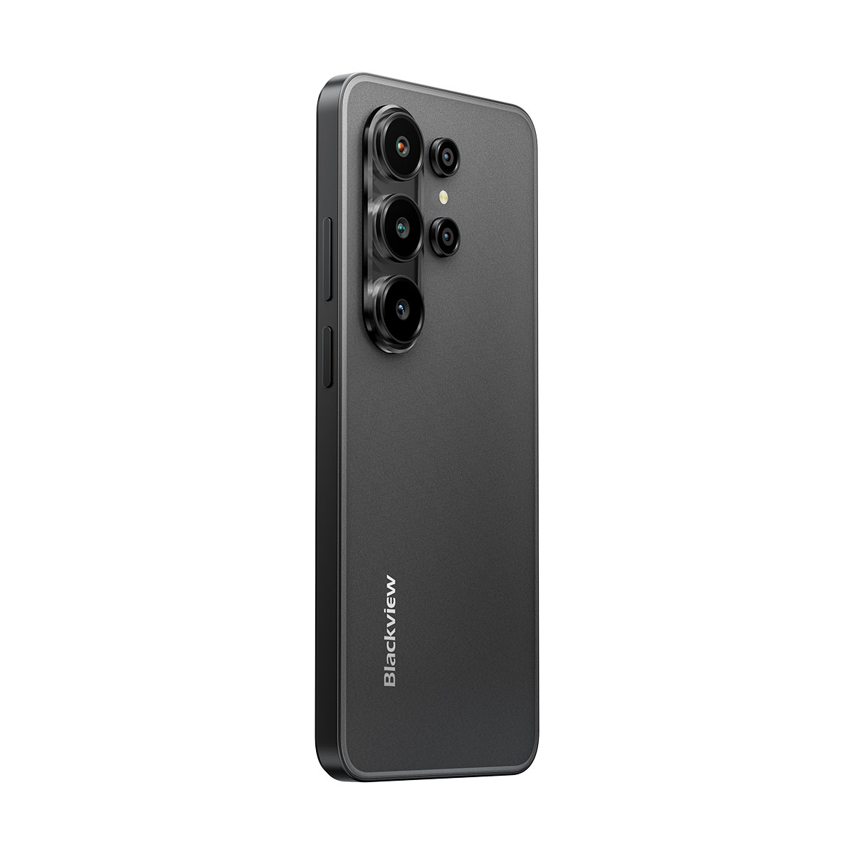 Rückseite eines schwarzen Smartphones mit vier Kameras und dem Blackview-Logo.