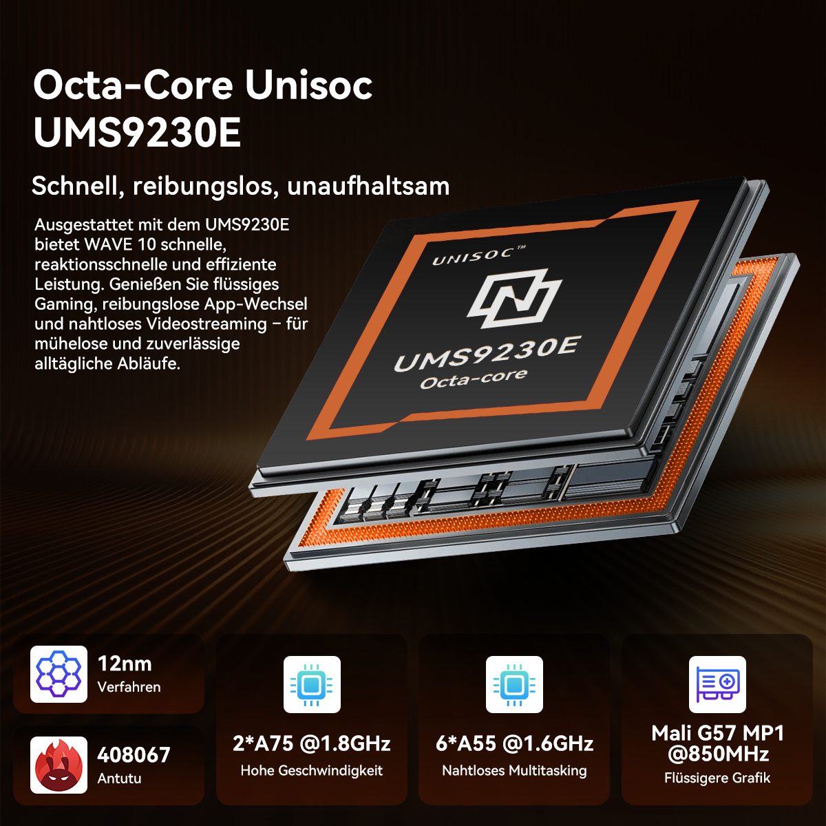 Octa-Core Unisoc UMS9230E Chip mit Leistungsspezifikationen und Text.