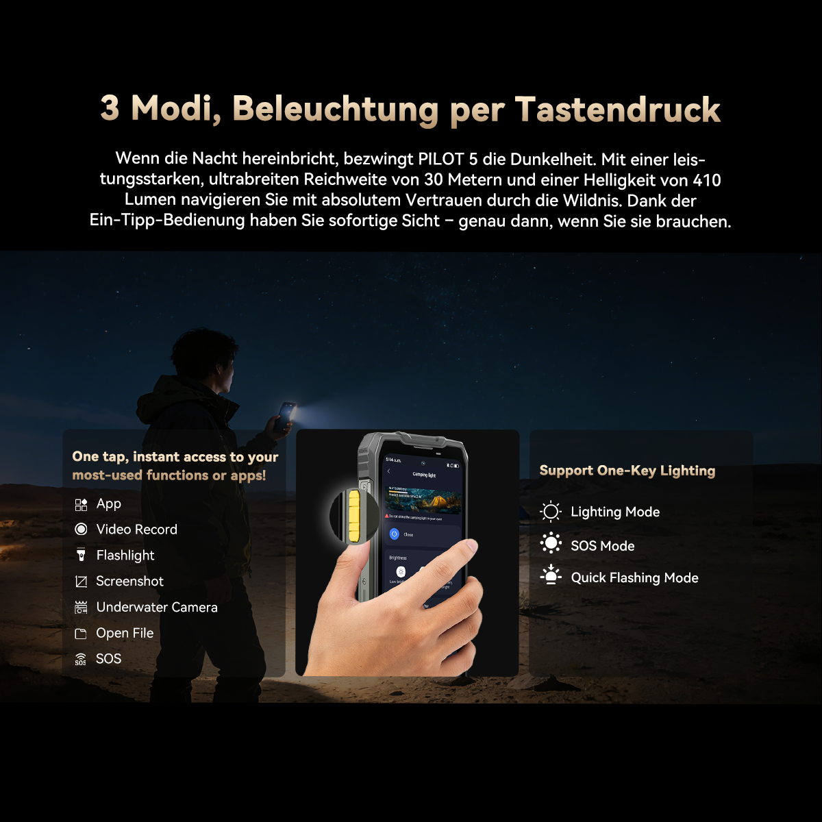 Mann mit Handy bei Nacht, Telefon zeigt Campinglicht-App und SOS-Modus.