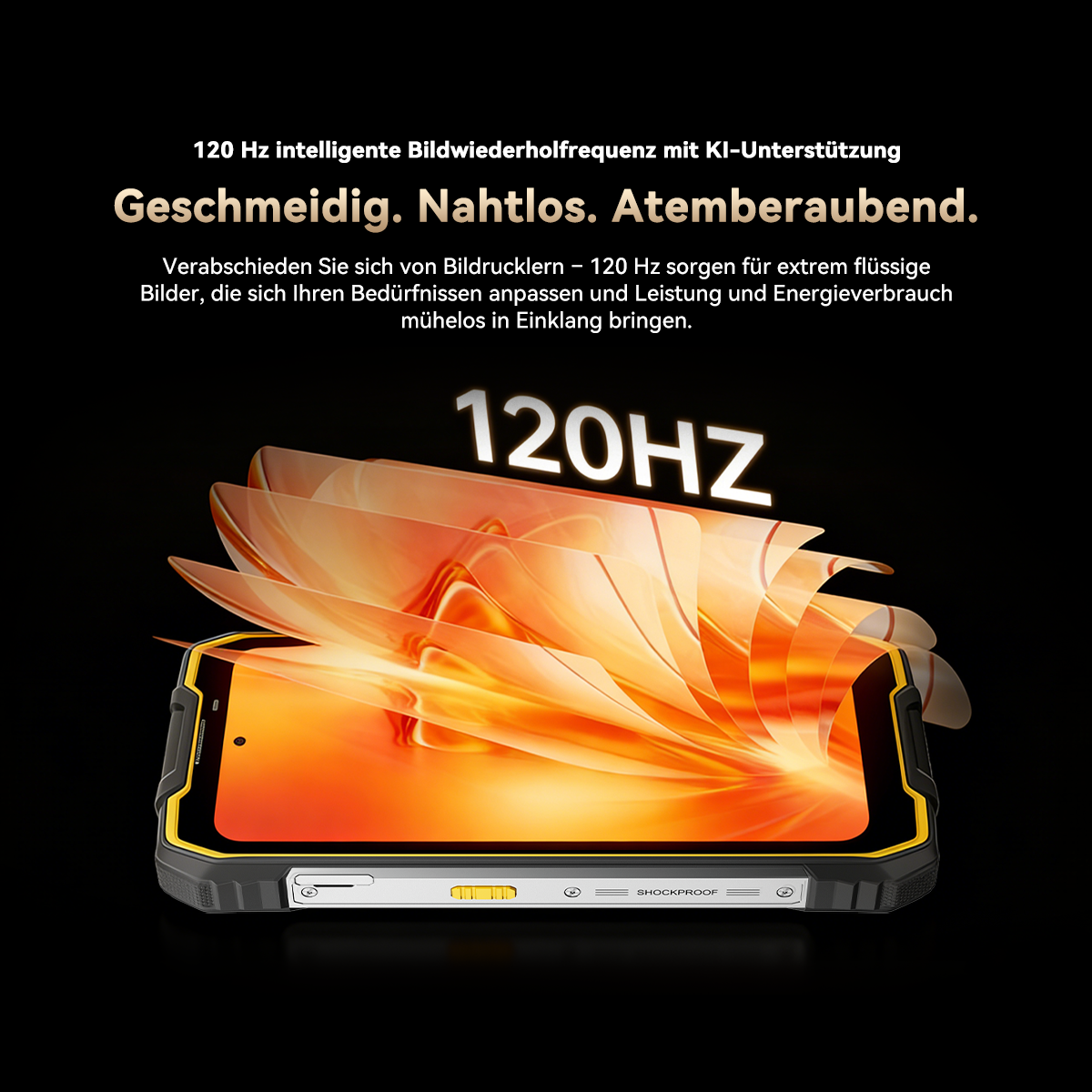 Ein Smartphone mit 120 Hz Bildwiederholrate und gelbem Rahmen.