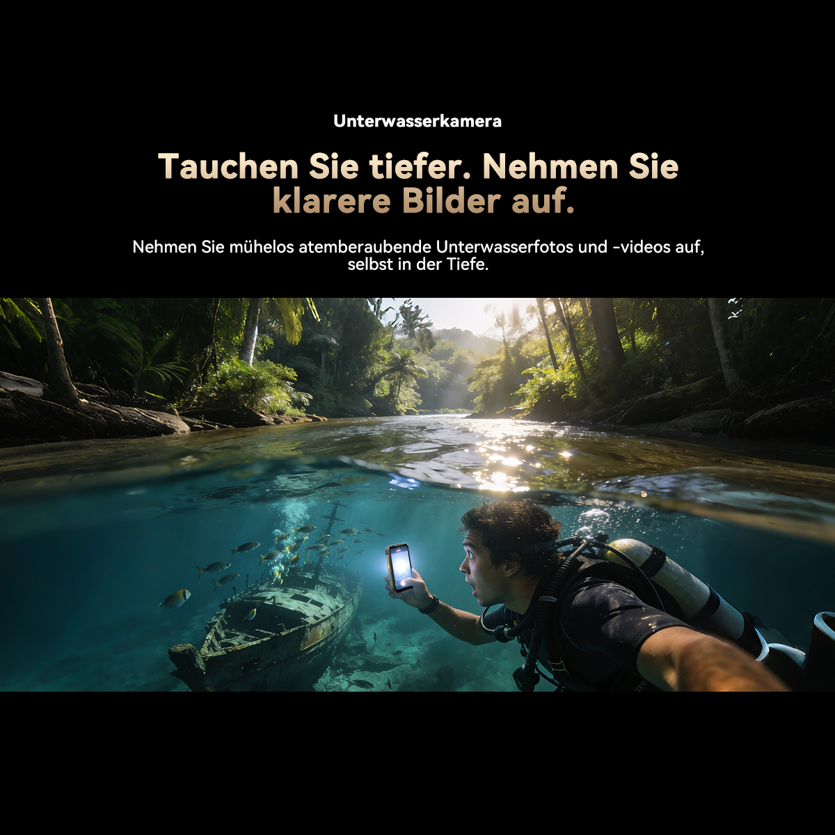 Ein Taucher fotografiert ein Schiffswrack mit einem Smartphone in einem tropischen Fluss.