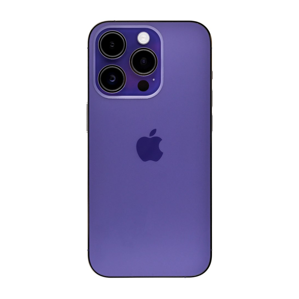 iPhone viola con logo Apple e tre fotocamere sul retro.