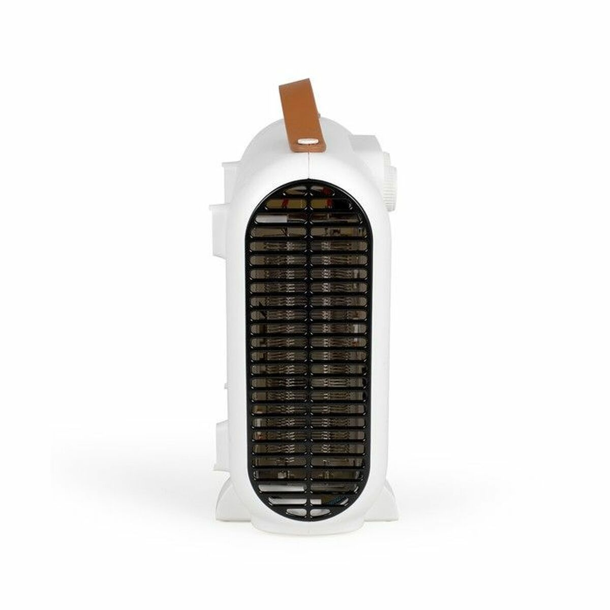 Un termoventilatore portatile bianco con manico in pelle marrone e griglia nera.