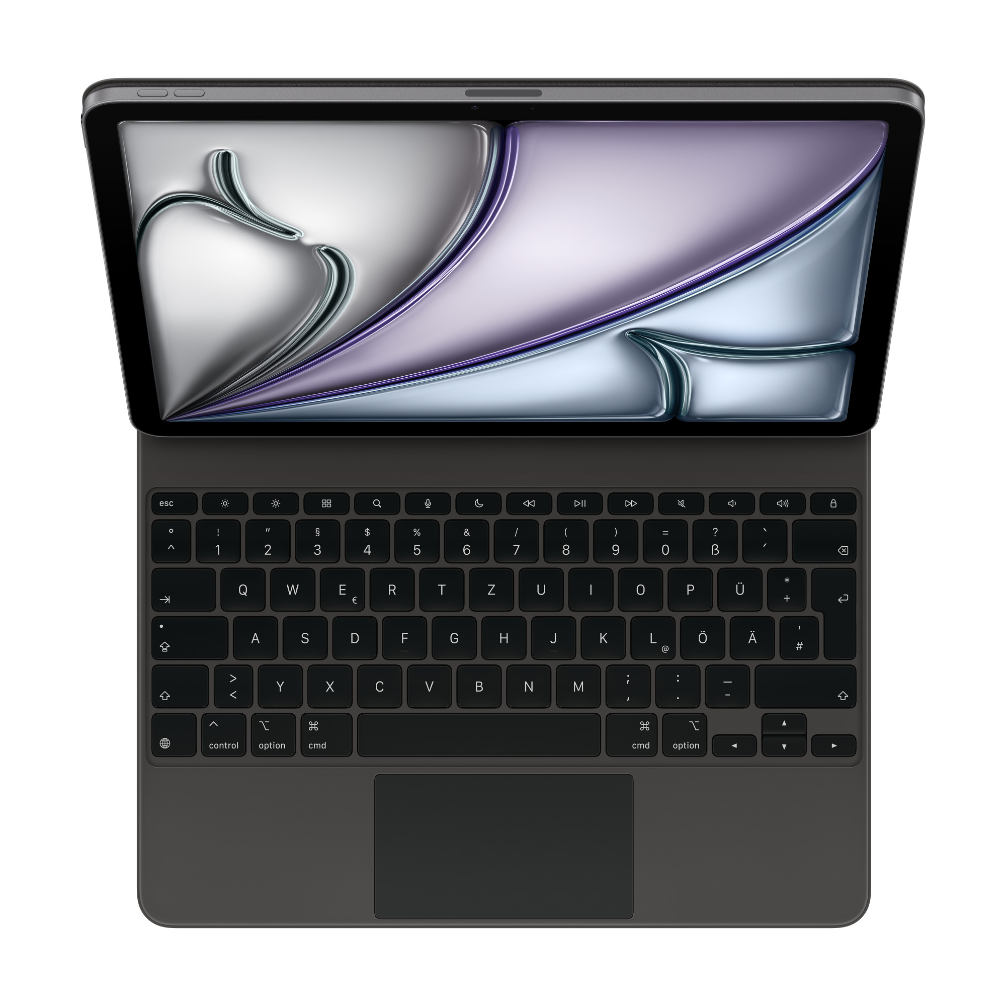 Ein offenes Tablet mit Tastatur und Trackpad, silbernes und violettes Hintergrundbild.