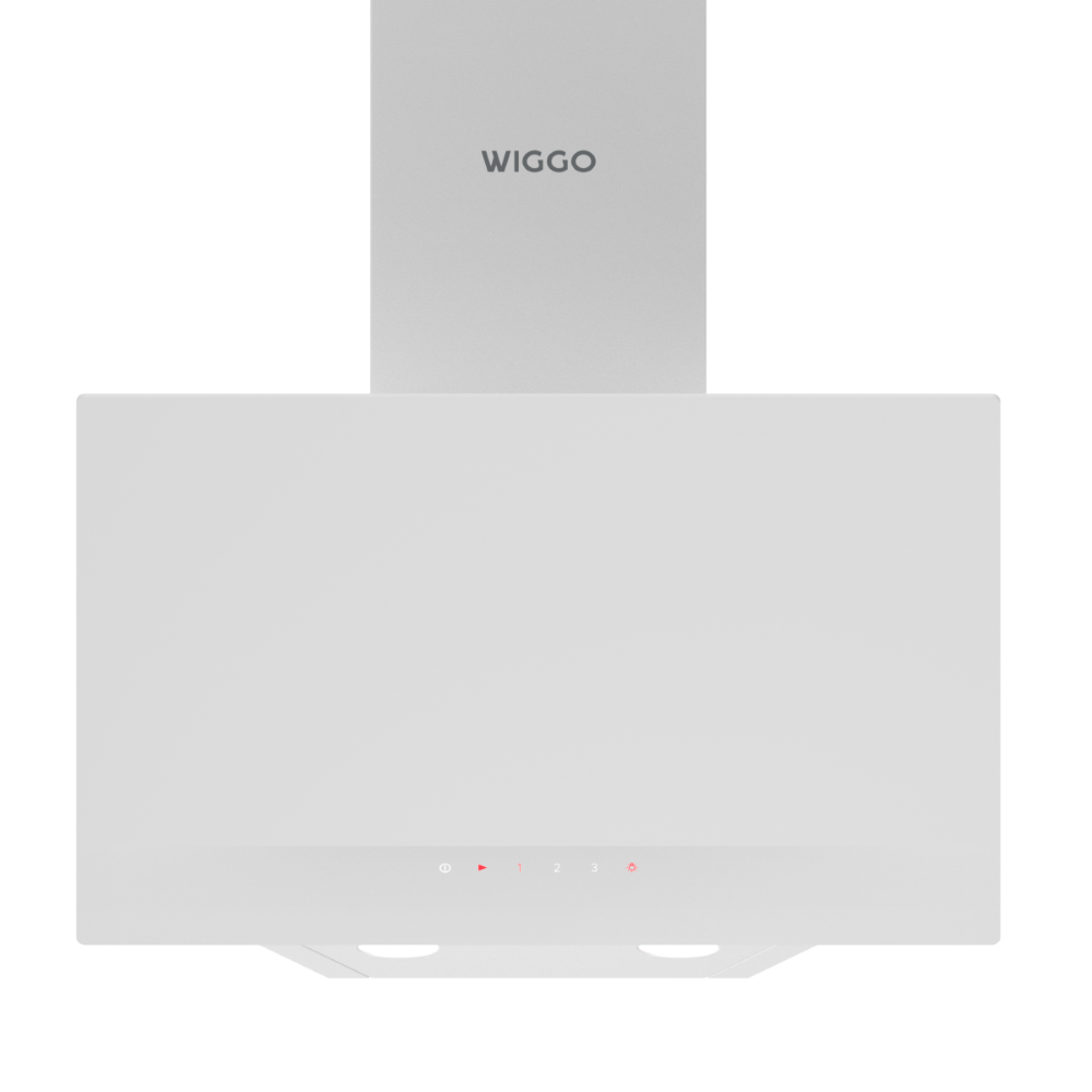A white range hood with a silver WIGGO logo and red control buttons.