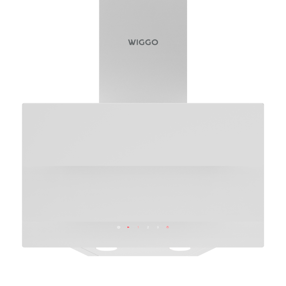 A white range hood with a silver logo and red control buttons.