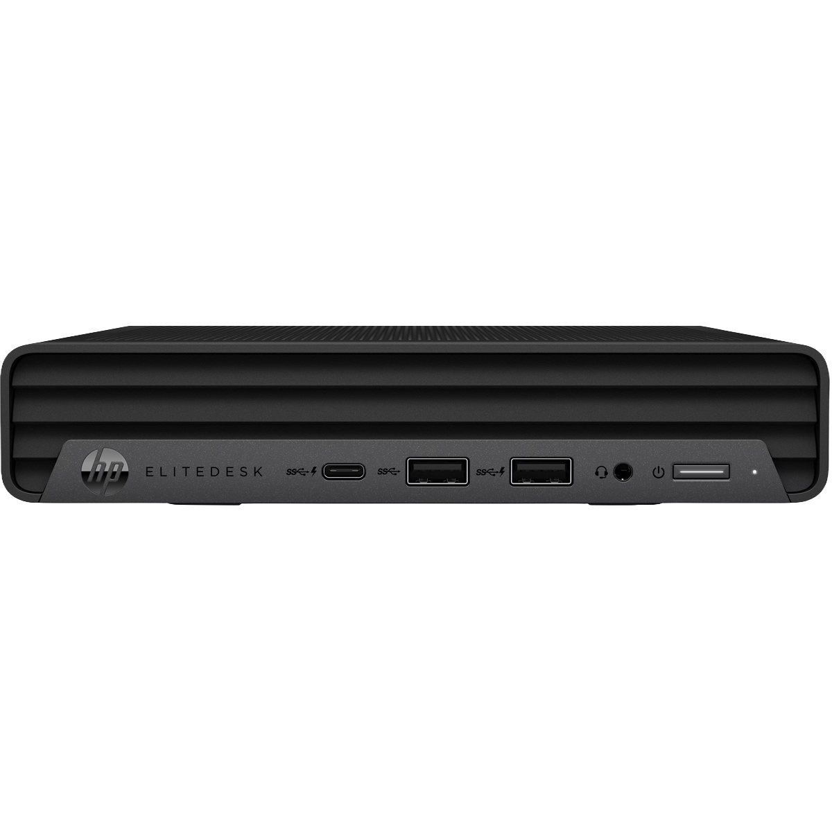 Schwarzer HP Elitedesk Mini-PC mit USB-C, USB-A-Ports, Kopfhöreranschluss und Netzschalter.