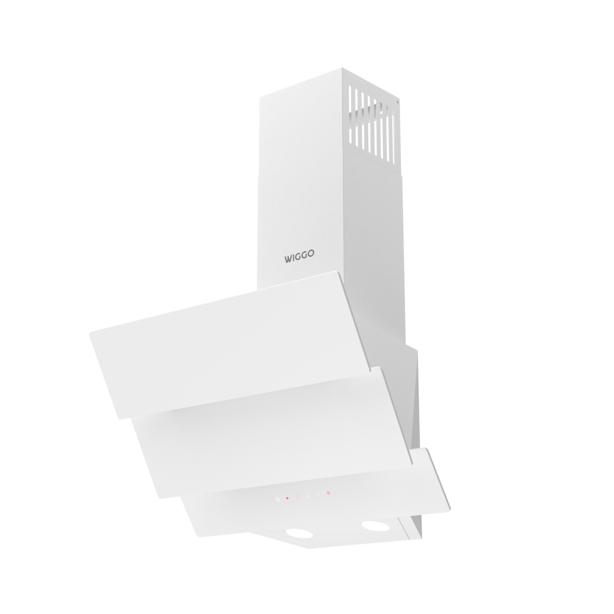 White three-tiered range hood with silver logo and lights.