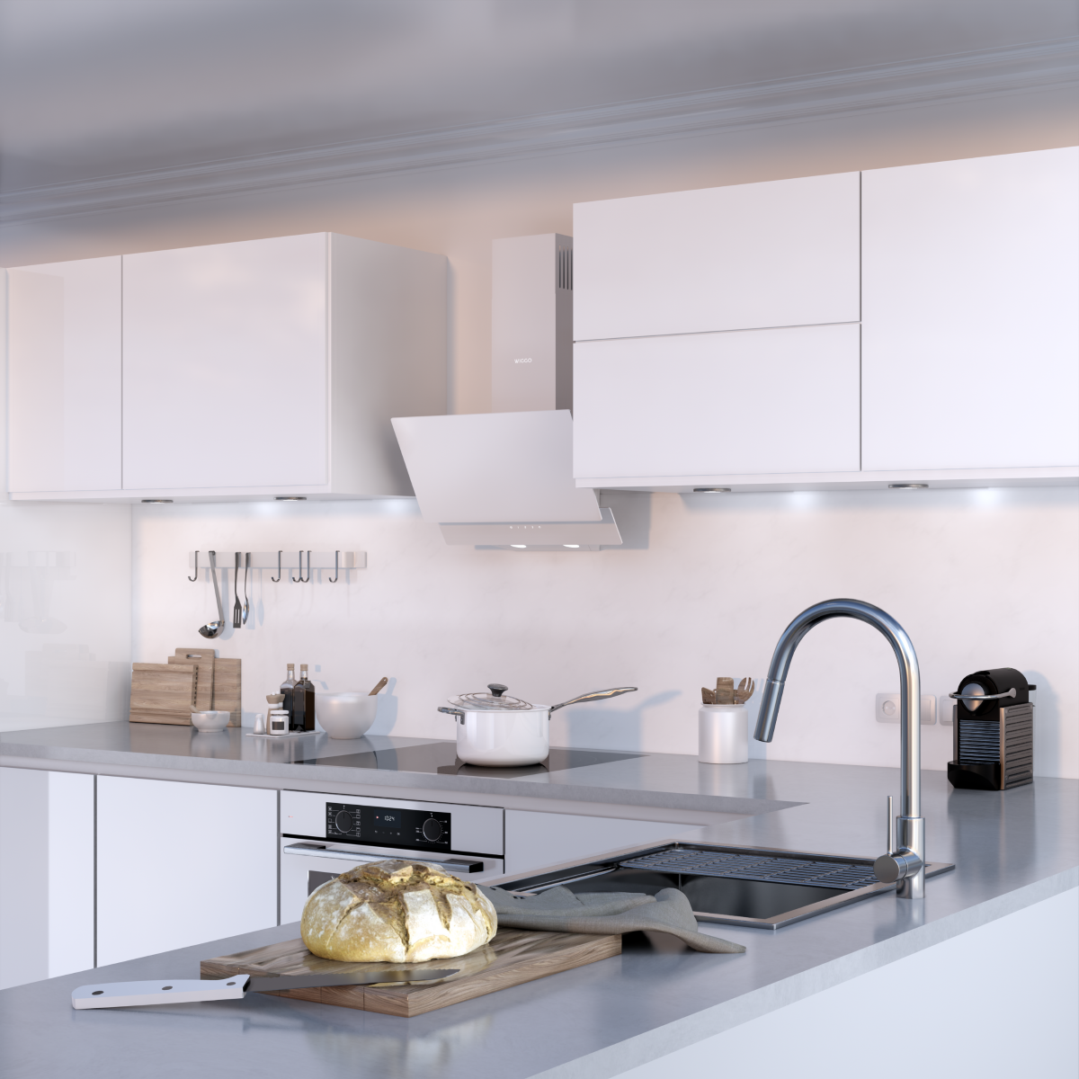 Modern white kitchen with sink, stove, and bread on a cutting board.