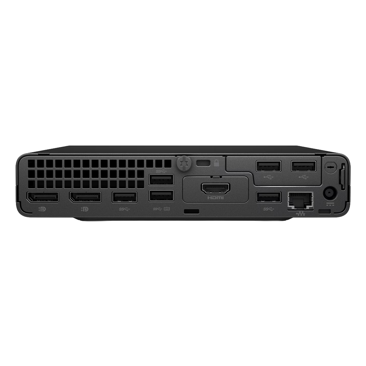 Rückseite eines schwarzen Mini-PCs mit Anschlüssen: HDMI, USB-A, USB-C, Ethernet und Strom.