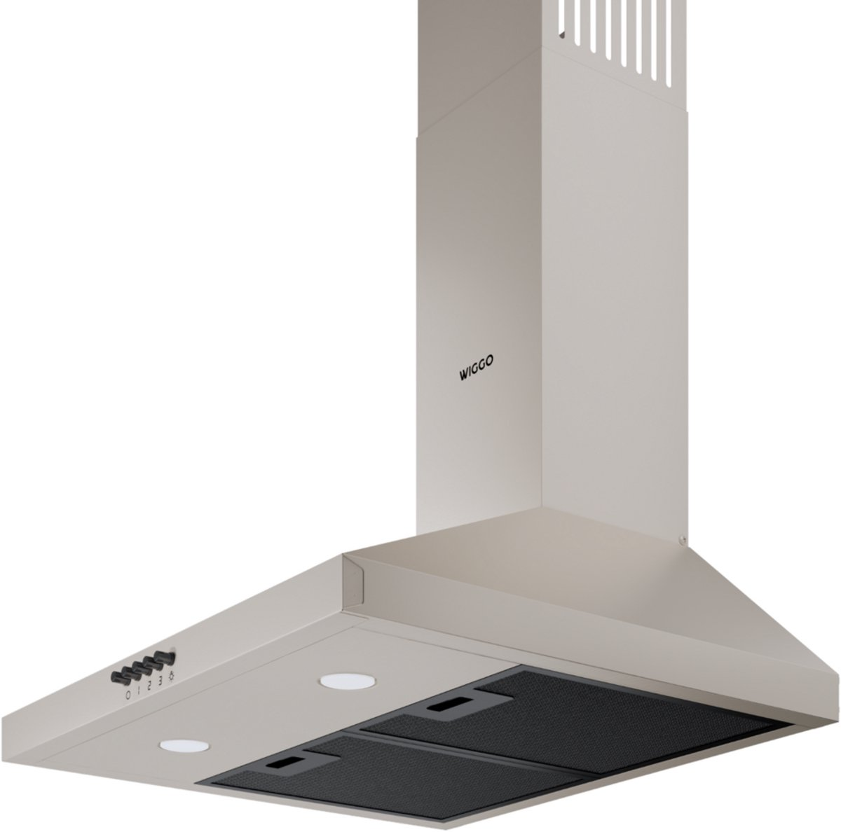 A modern, cream-colored range hood with "WIGGO" logo and control buttons.