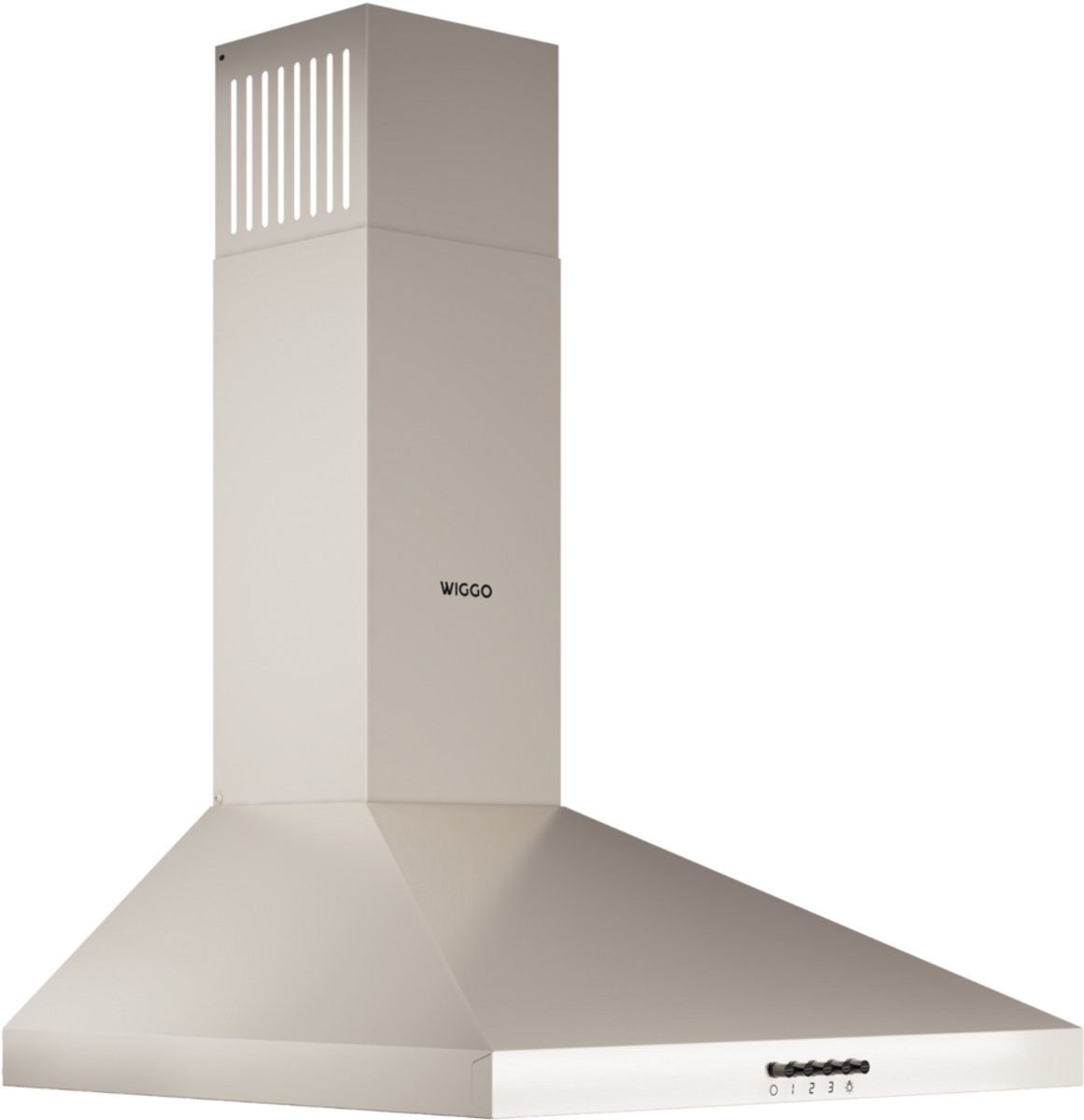 A cream-colored kitchen hood with silver controls and top ventilation slits.