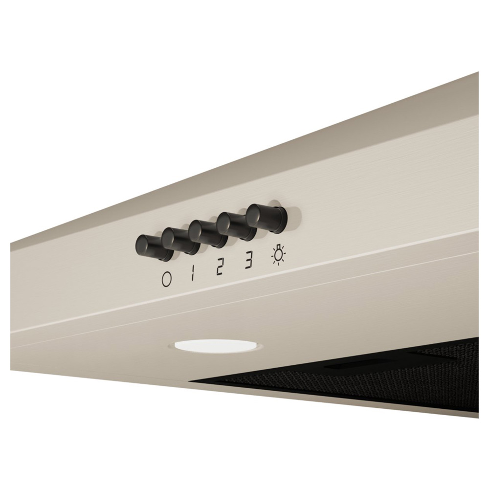 Range hood controls: four black knobs, numbers 0-3 and a light symbol.