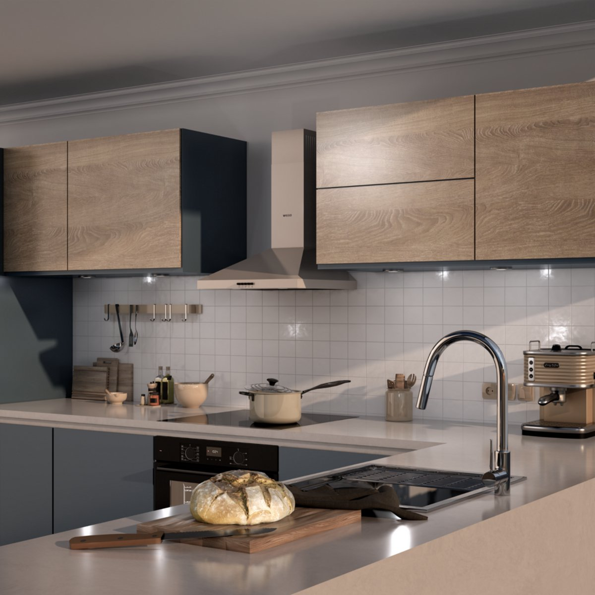 Modern kitchen with wood cabinets, stainless steel appliances, and bread on a cutting board.