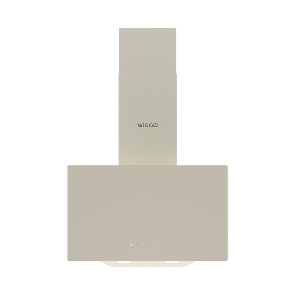 Een moderne, crèmekleurige afzuigkap met zilveren logo, tegen een witte achtergrond.