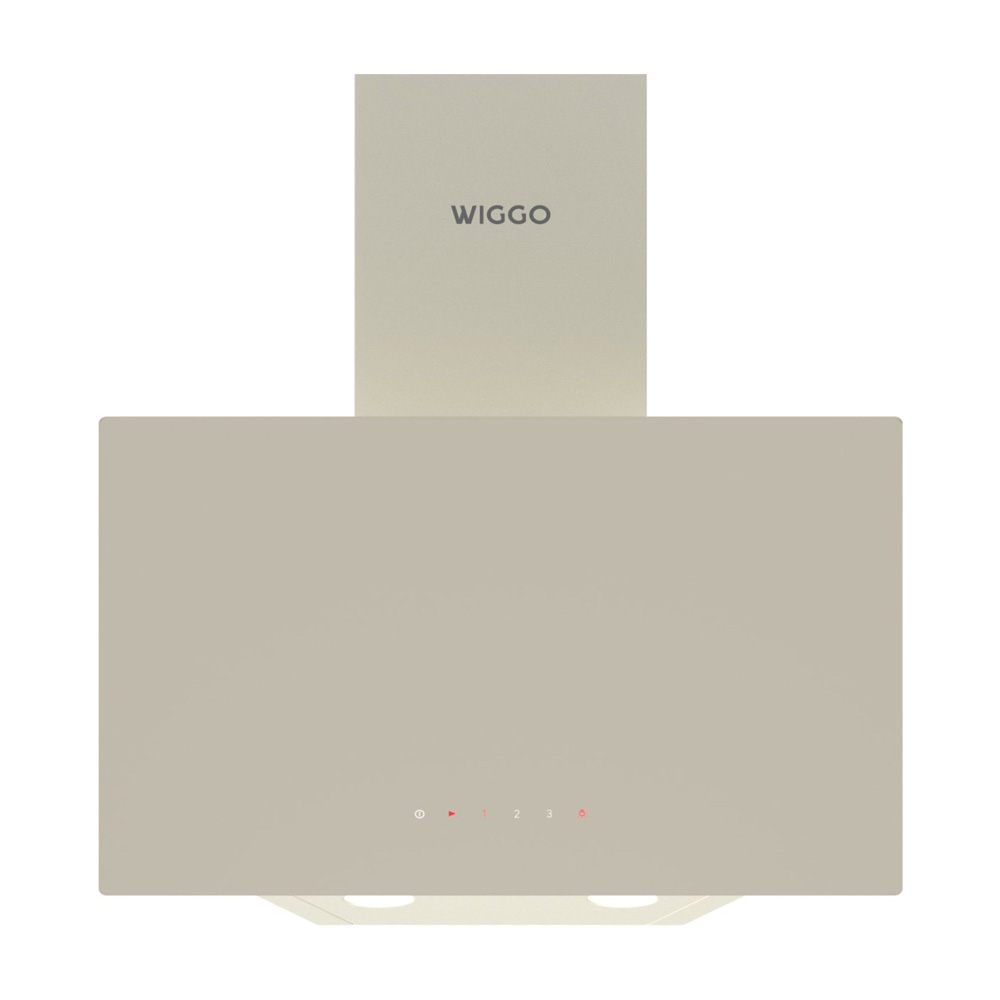 Een beige afzuigkap met WIGGO-logo en verlichte bedieningsknoppen.