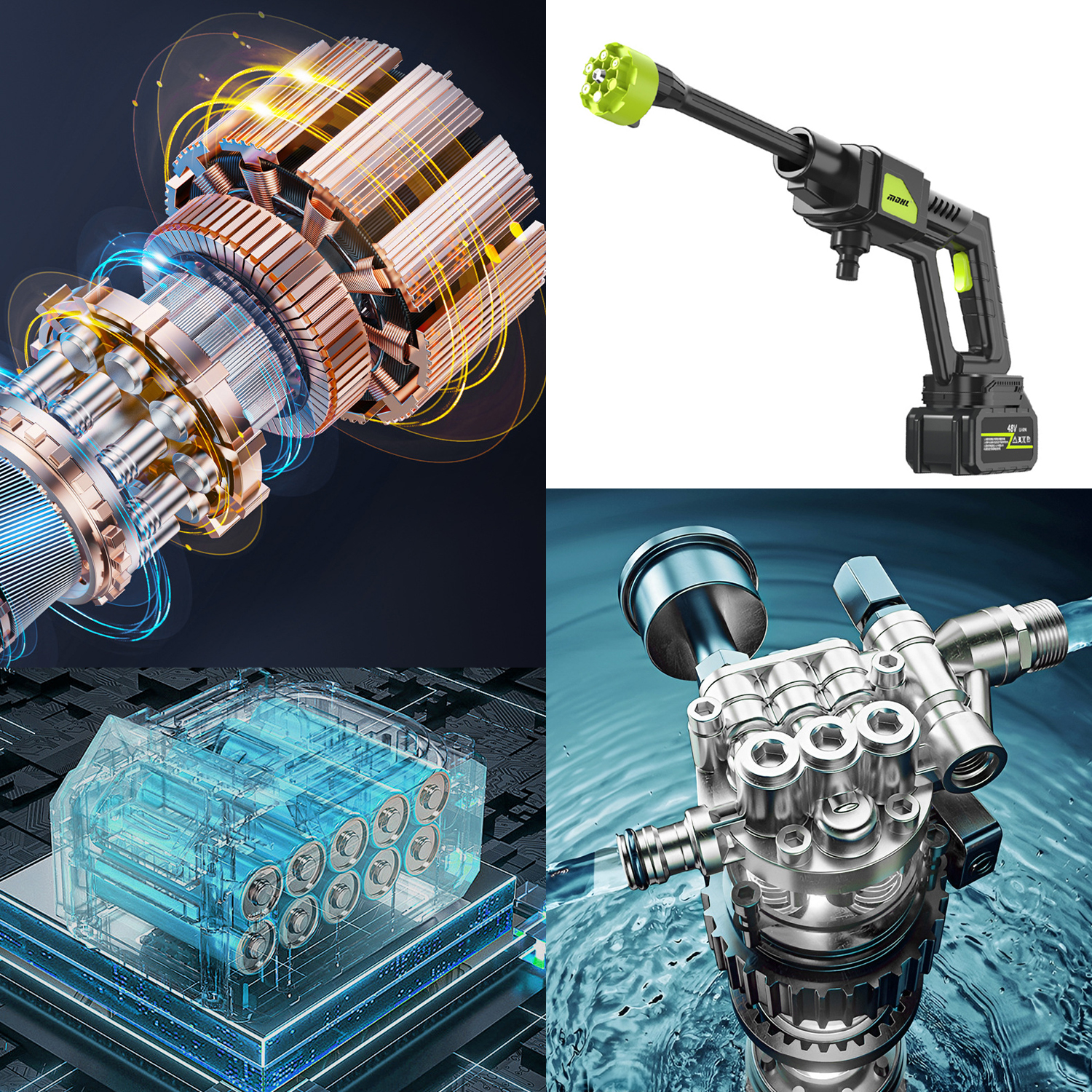Cuatro imágenes muestran un motor, hidrolimpiadora, batería y bomba.