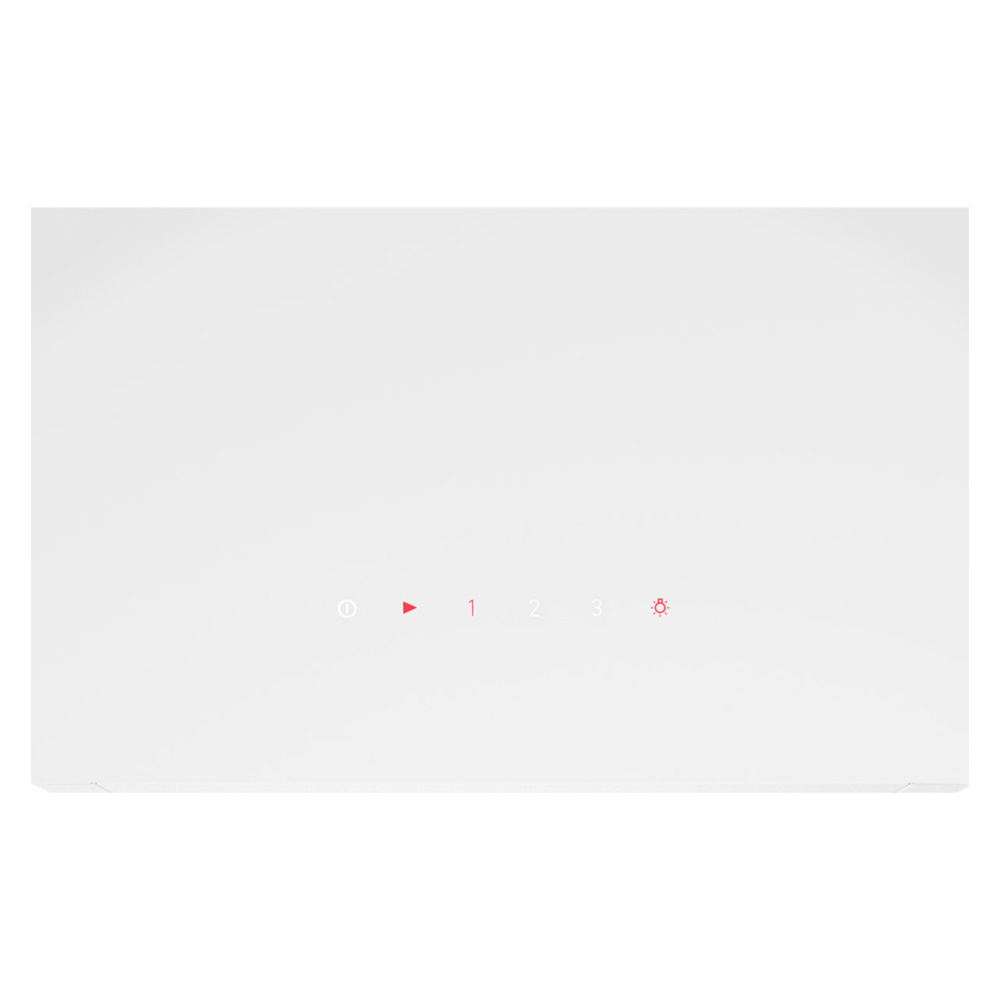White range hood with red controls: On/Off, Play, 1, 2, 3, and light icons.