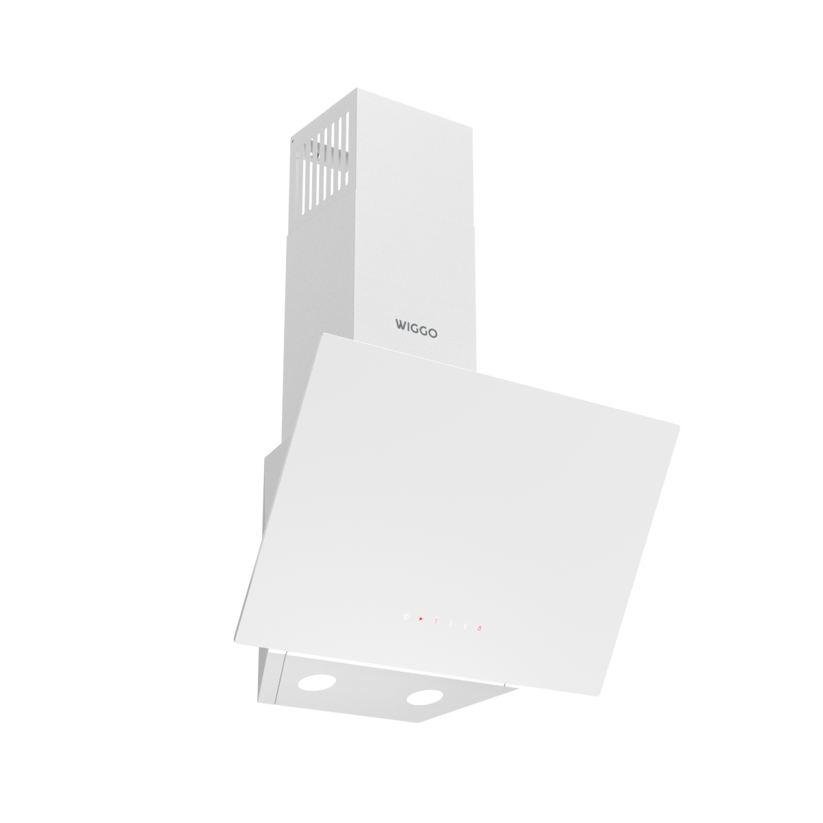 A white range hood with a silver logo and touch control panel.
