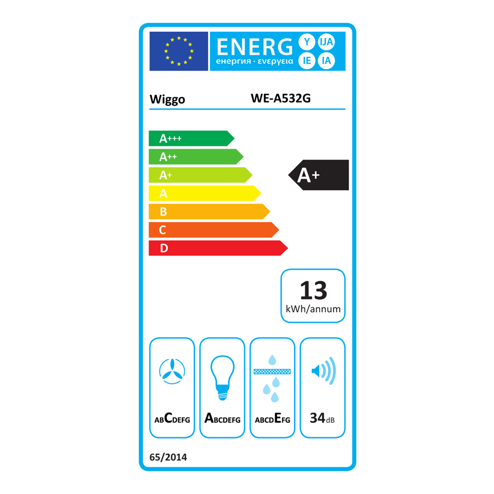 Energy efficiency label: Wiggo WE-A532G, A+, 13 kWh/year, fan, lamp, water use, noise 34dB.