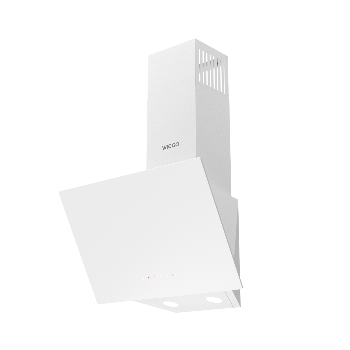 A white range hood with a silver logo and red controls. Features a sleek design.