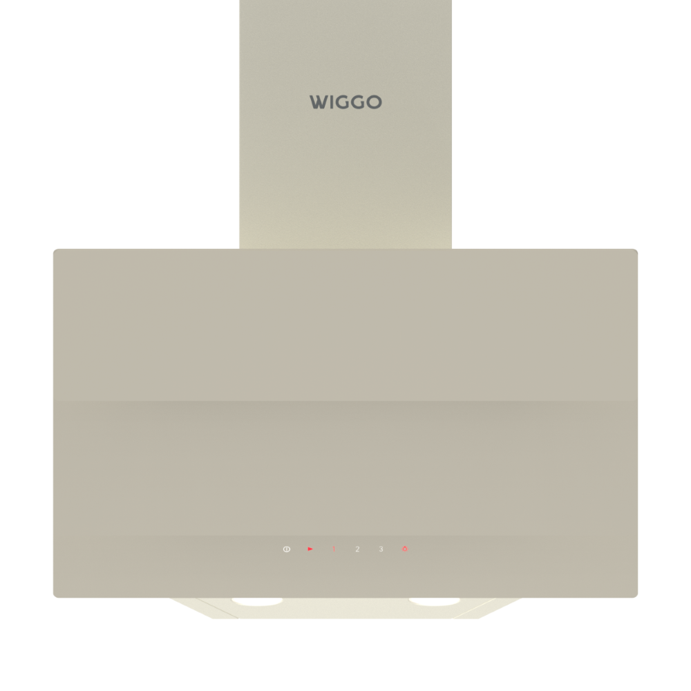 A beige WIGGO range hood with red control buttons and lights.