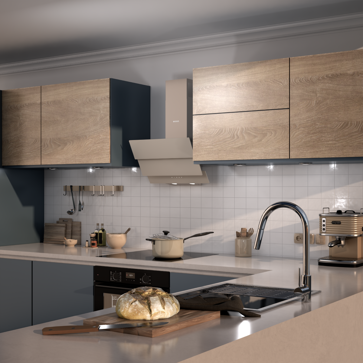 Modern kitchen with wood cabinets, white tile backsplash, stove, and sink.