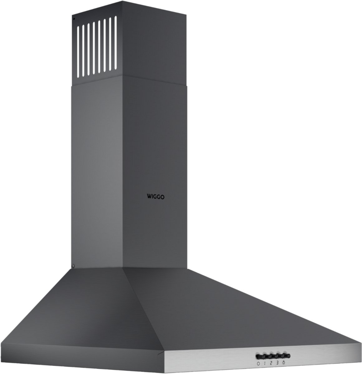 Dark gray range hood with a silver trim and control buttons.