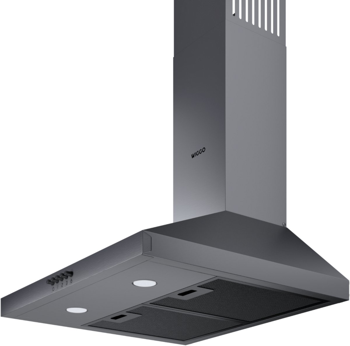 A gray range hood with controls and lights on a white background.