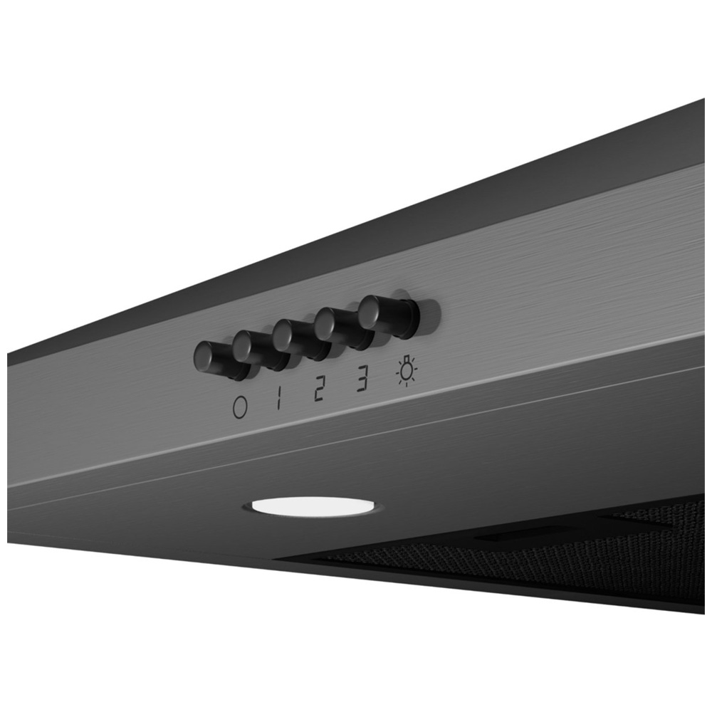Range hood with 4 control knobs and light setting, numbered 0-3.