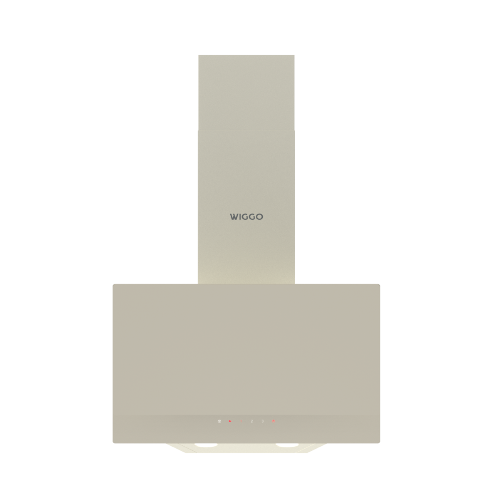 Een beige afzuigkap met zilveren logo en bedieningsknoppen.