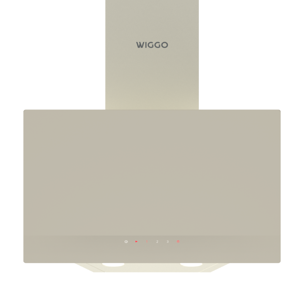 Een beige afzuigkap met digitaal display en verlichting.