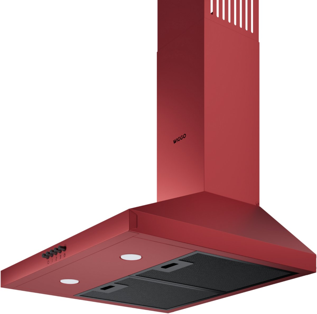A red kitchen range hood with control panel and lights.