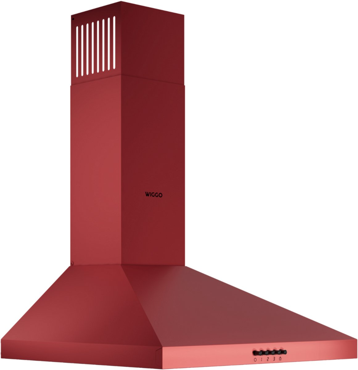 A red range hood with silver controls and ventilation slots at the top.