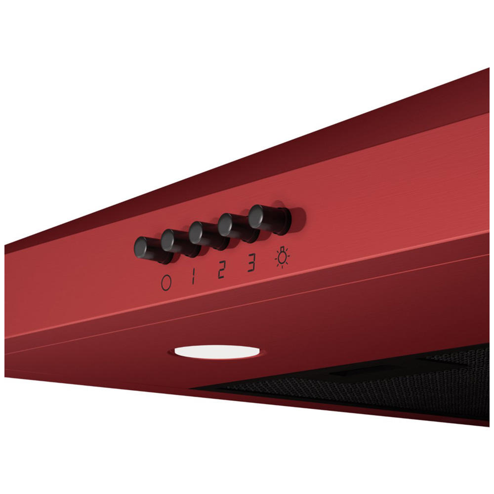 Red range hood with five black knobs and a light function symbol.