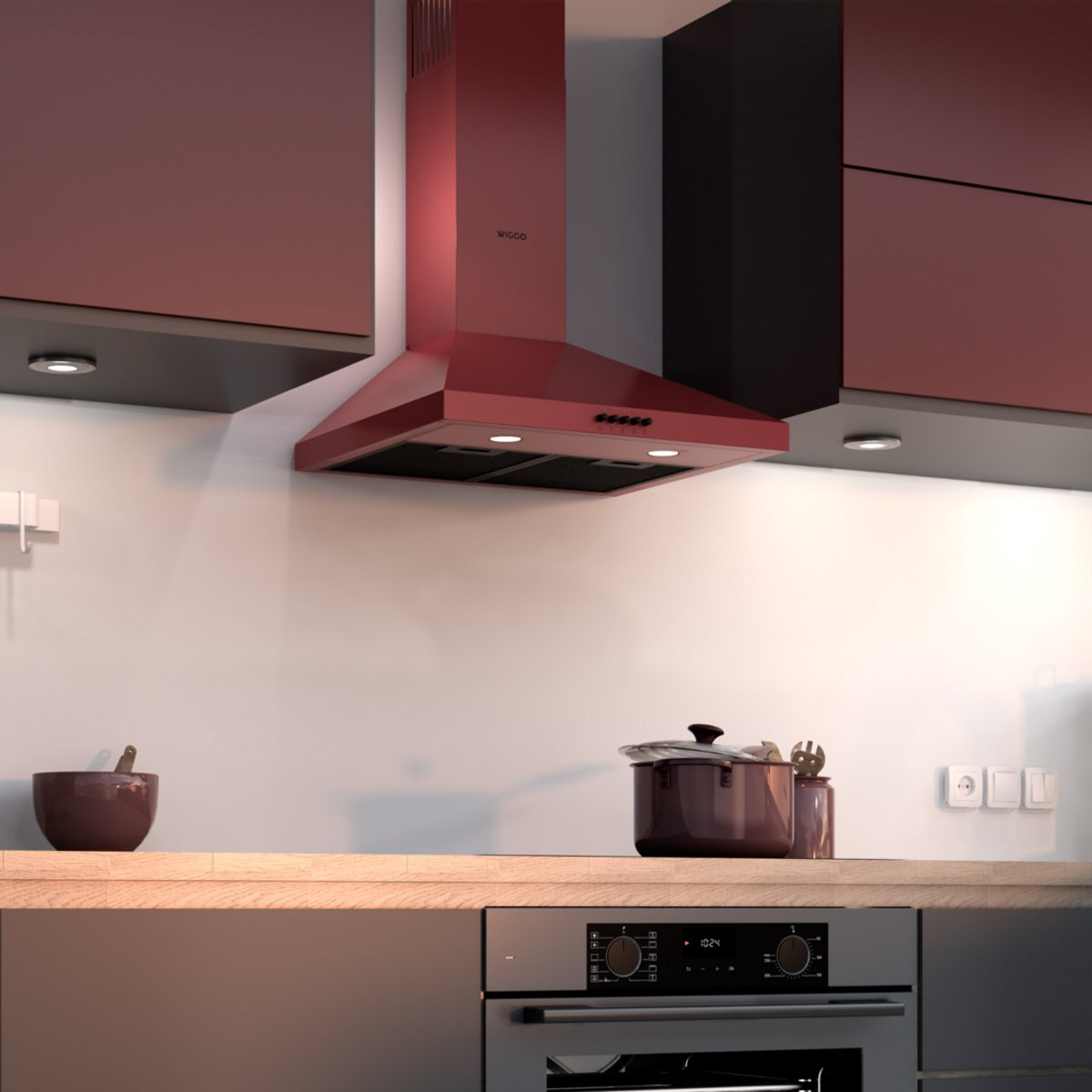 Red cooker hood above a wooden counter with a built-in oven.