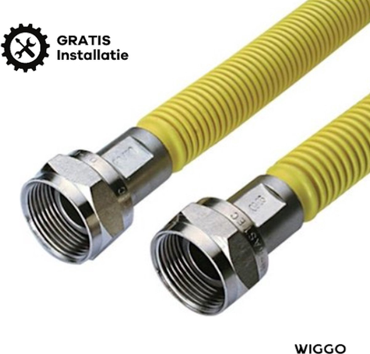 Two yellow gas hoses with metal connectors and a tool icon with text.