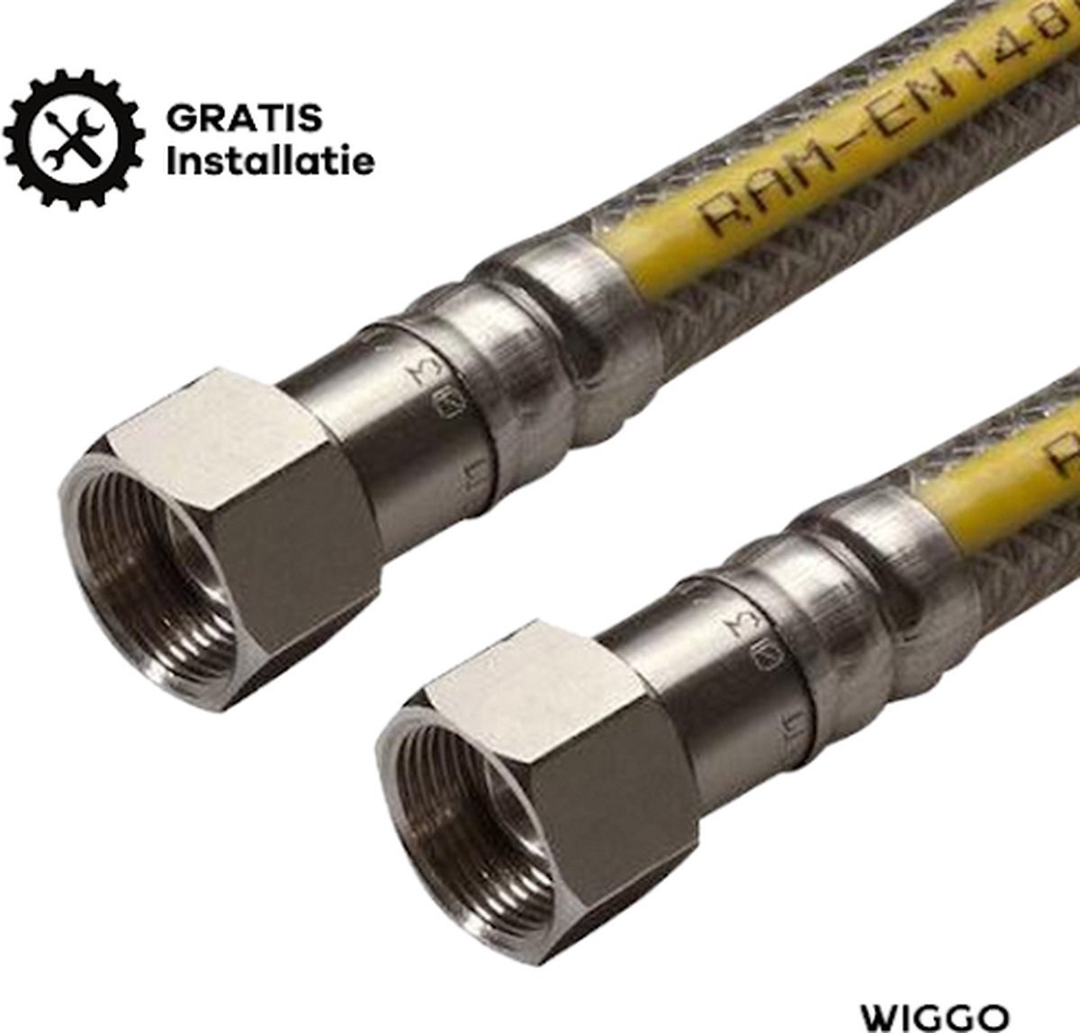 Twee flexibele slangen met metaal vlechtwerk en gele kern. "GRATIS Installatie".