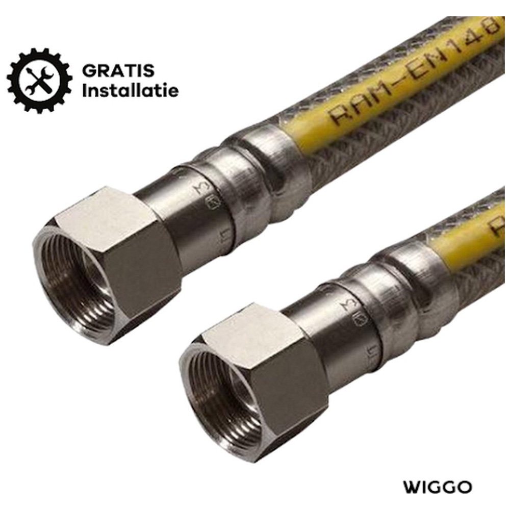 Two flexible metal hoses with yellow cores and coupling nuts.