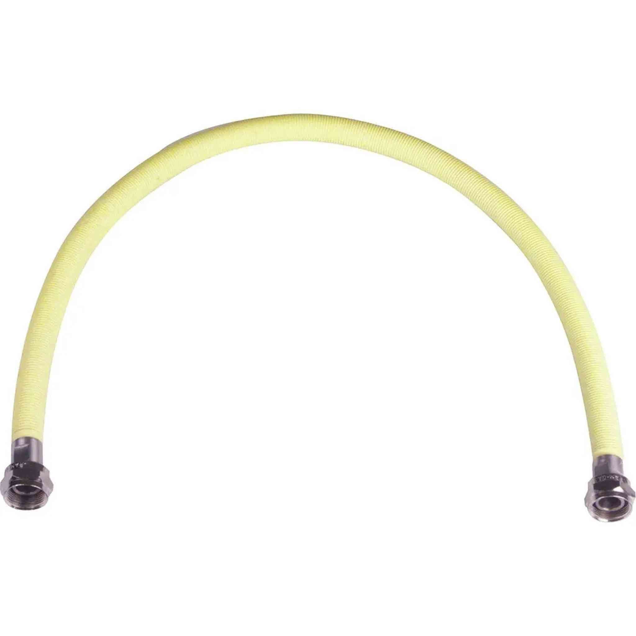 Un tuyau de gaz flexible jaune avec raccords métalliques, courbé en arc sur fond blanc.