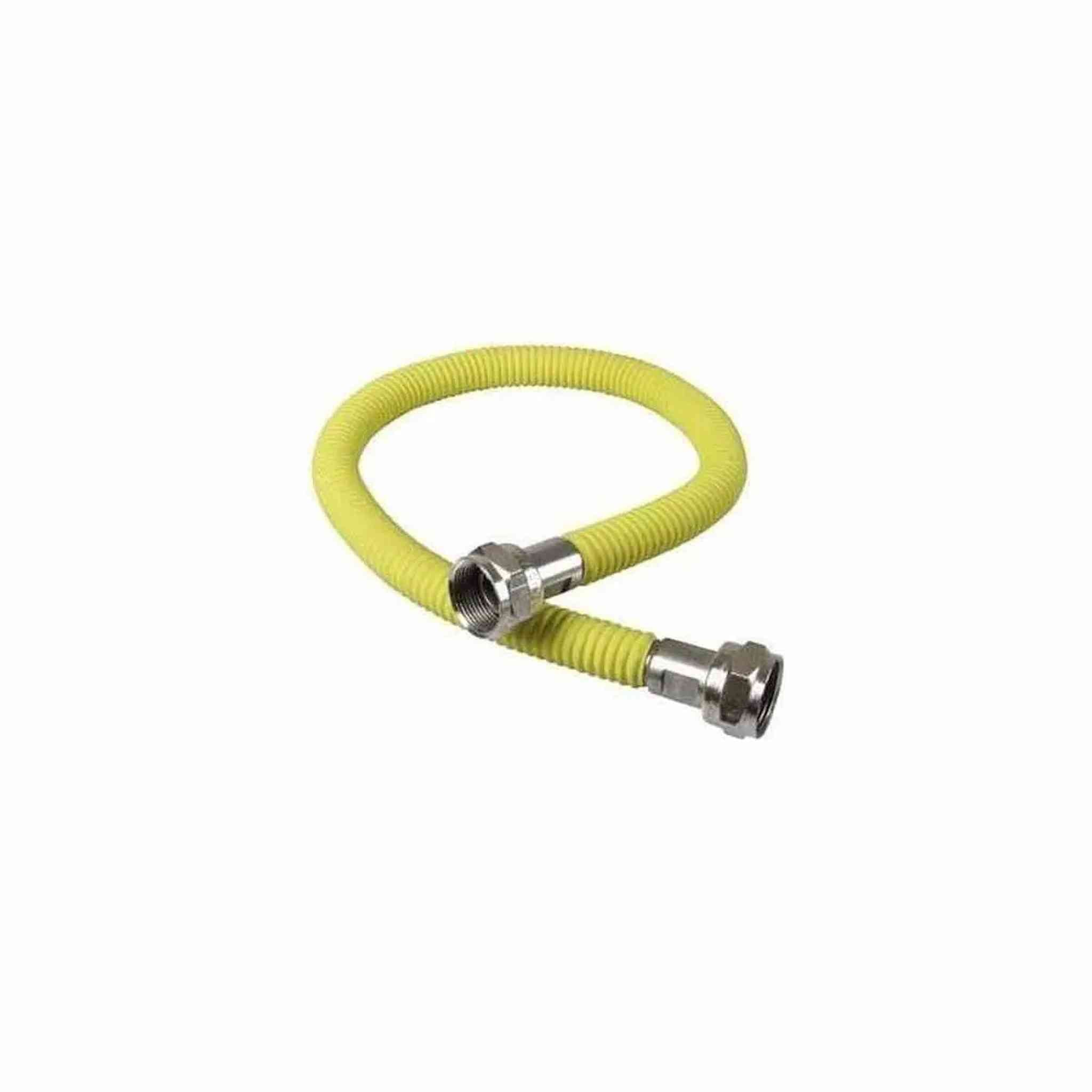 Un tuyau de gaz jaune avec raccords métalliques sur fond blanc.