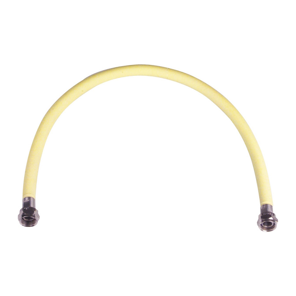 A yellow flexible hose with metal fittings on both ends.