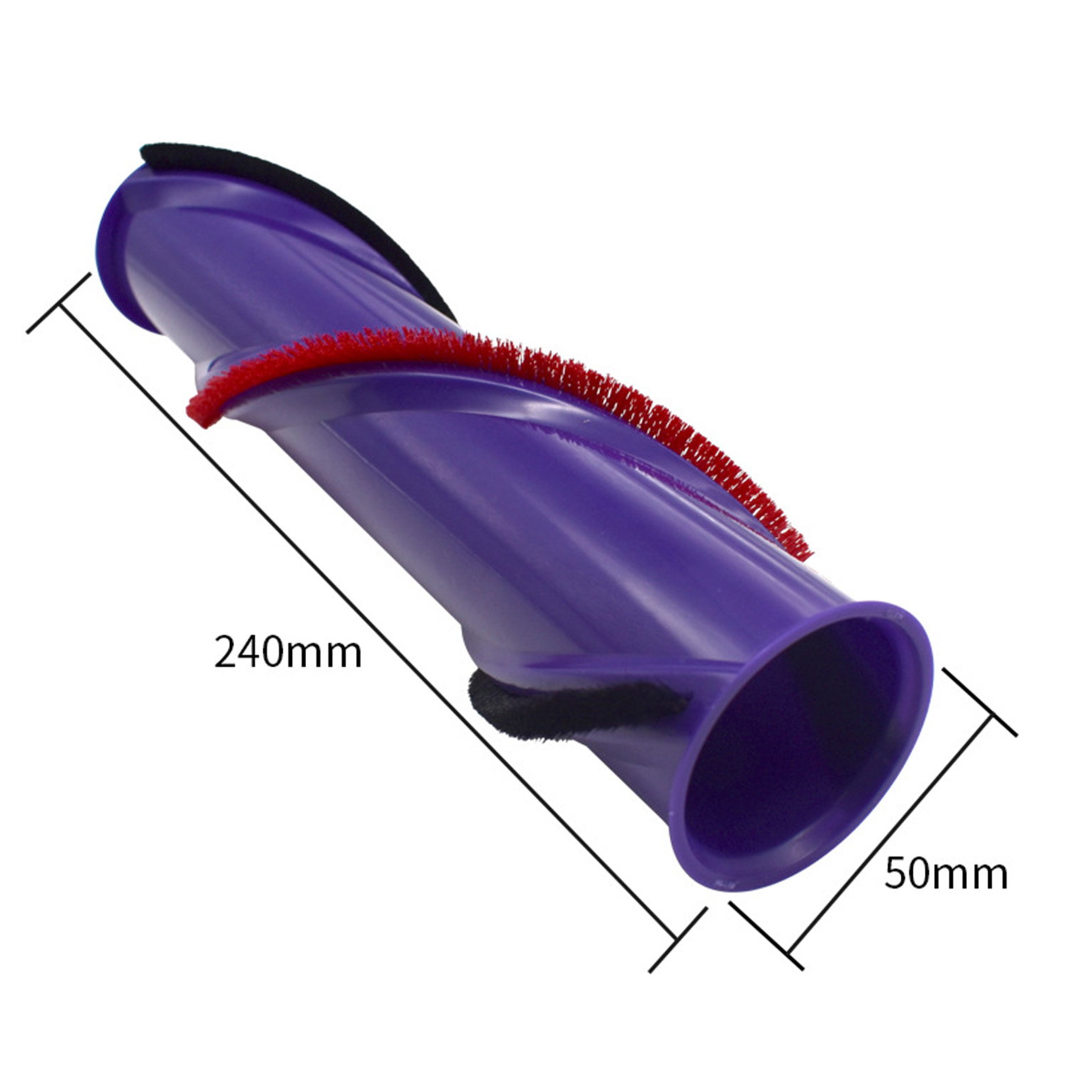 Fioletowa końcówka odkurzacza z czerwonymi szczotkami, wymiary 240mm i 50mm.