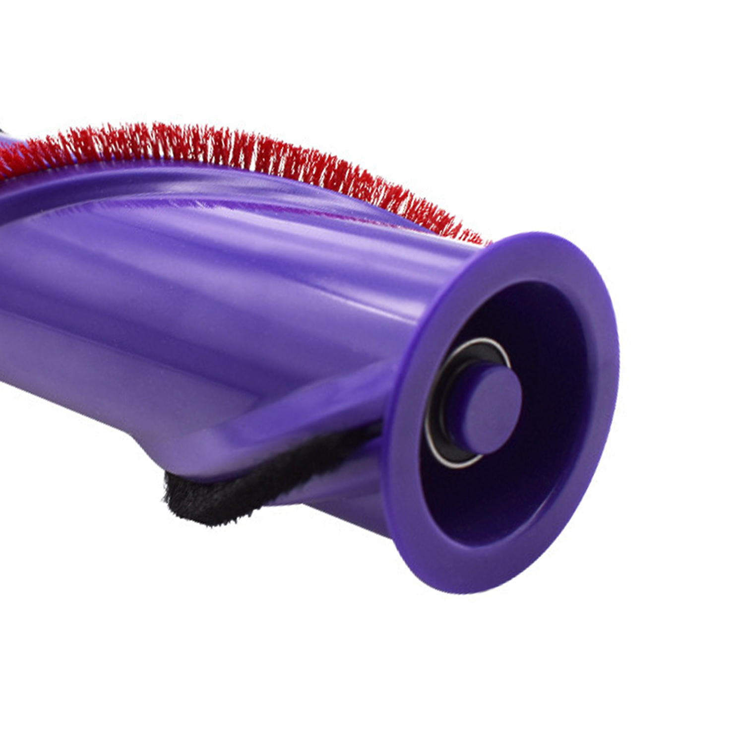 Fioletna szczotka odkurzacza z czerwonymi włoskami i czarnym filcem.