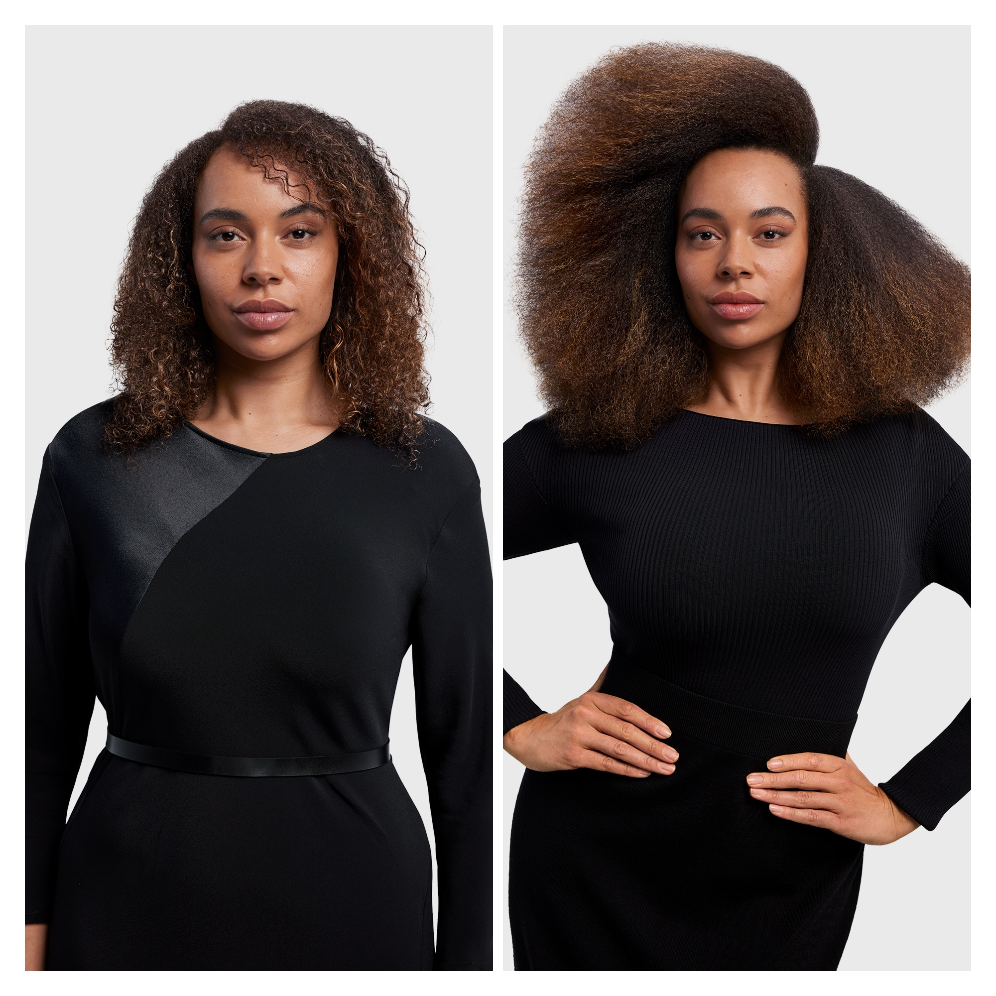 Frau mit lockigem Haar links, voluminösem Haar rechts, beide tragen schwarze Kleider.