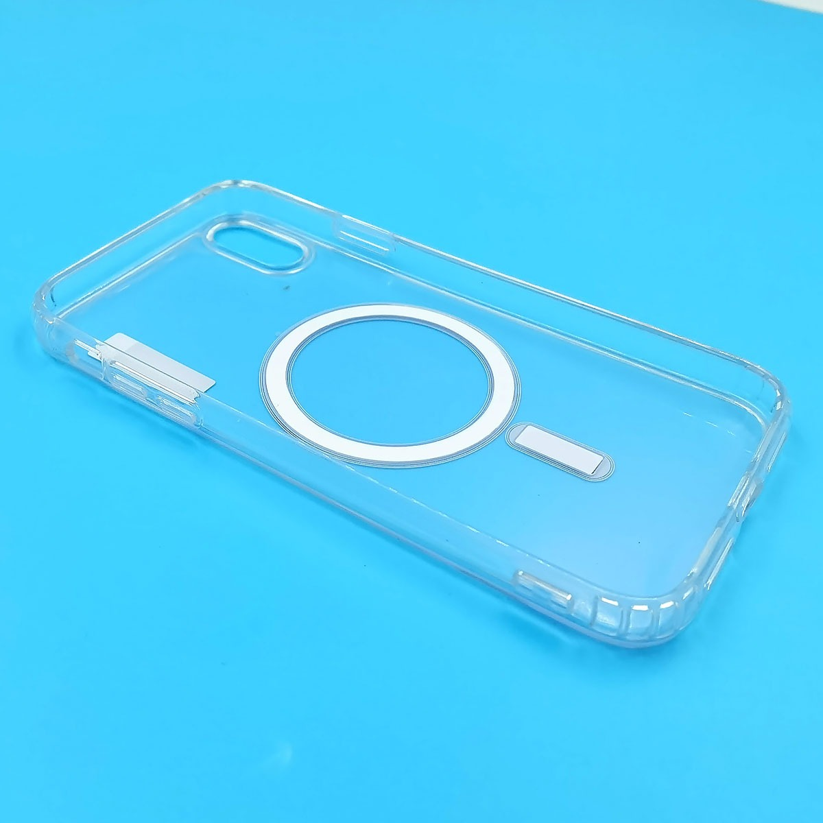 Transparente Handyhülle mit weißem Kreis und Rechteck auf blauem Hintergrund.