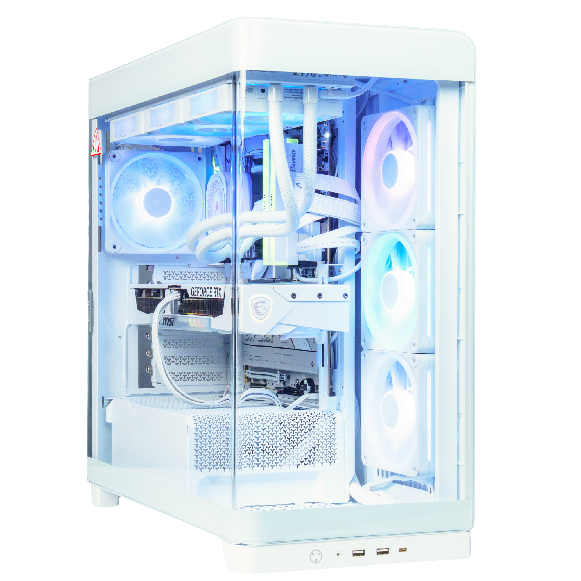 Una caja de ordenador blanca con ventiladores RGB y componentes internos visibles.
