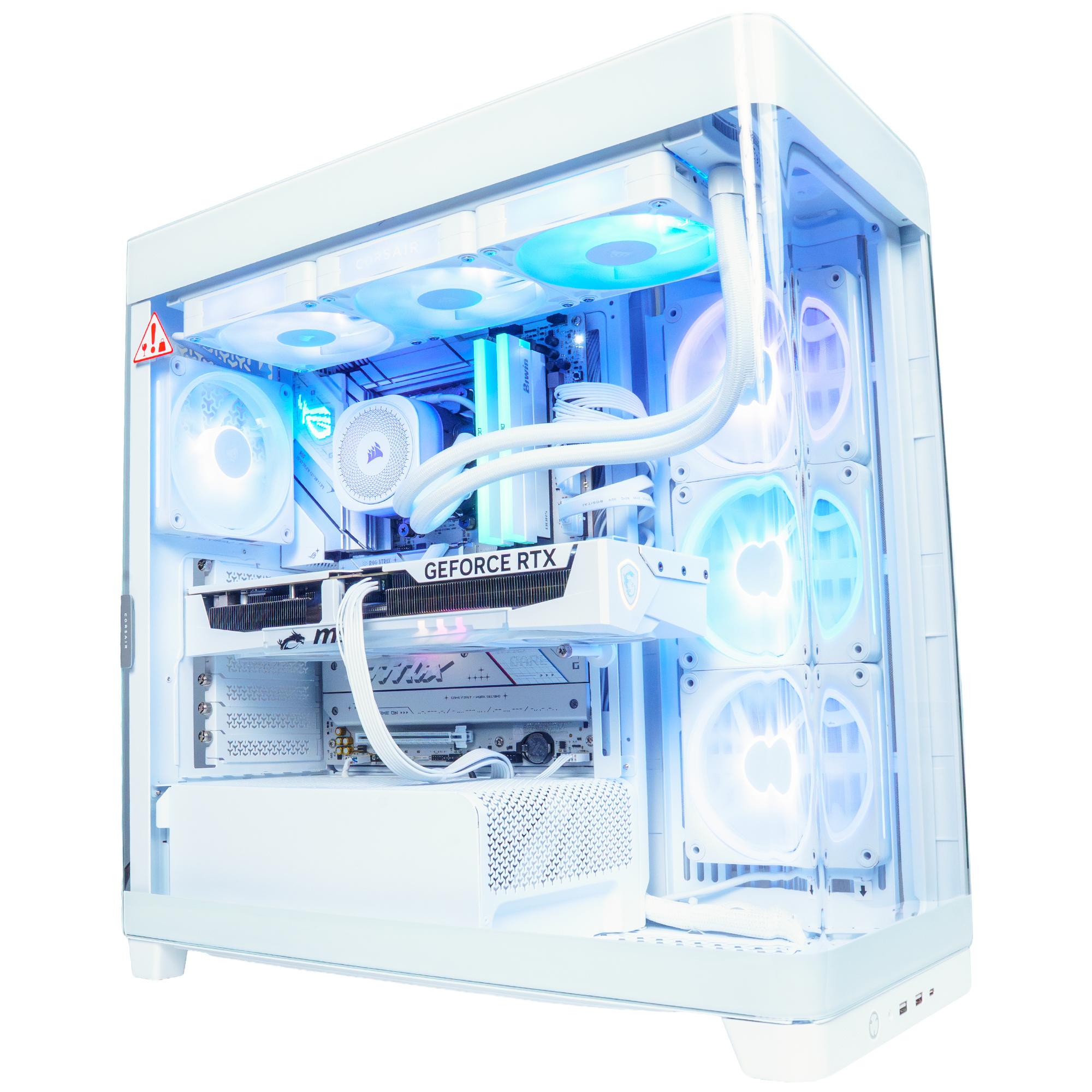 Una caja de PC blanca con iluminación RGB, ventiladores y tarjeta gráfica.